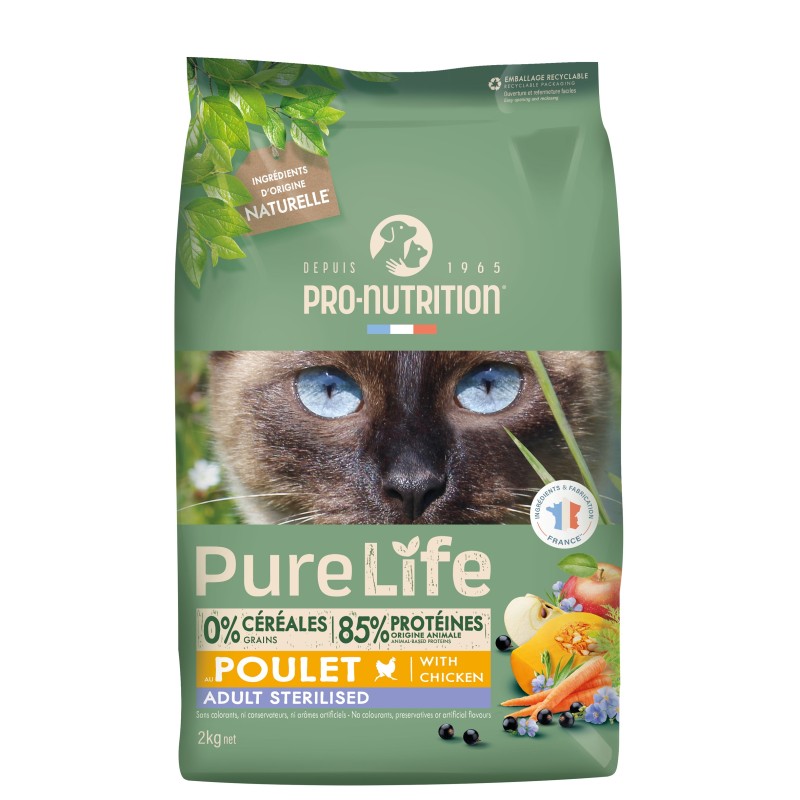 Croquettes sans céréale pour chat adulte stérilisé Poulet 2kg - PURE LIFE